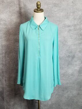 NEW Simply Noelle Aqua Tunic Blouse Zip Front Boho Lagenlook Resort Wear S/M